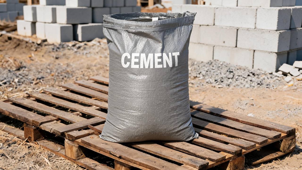 Grey PP woven bag printed CEMENT, standing on a pallet at a construction site
