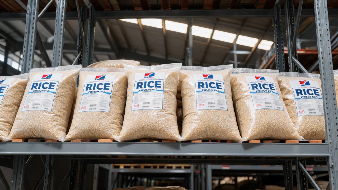 BOPP-laminated PP woven rice bags with premium multi-color printing on a warehouse shelf